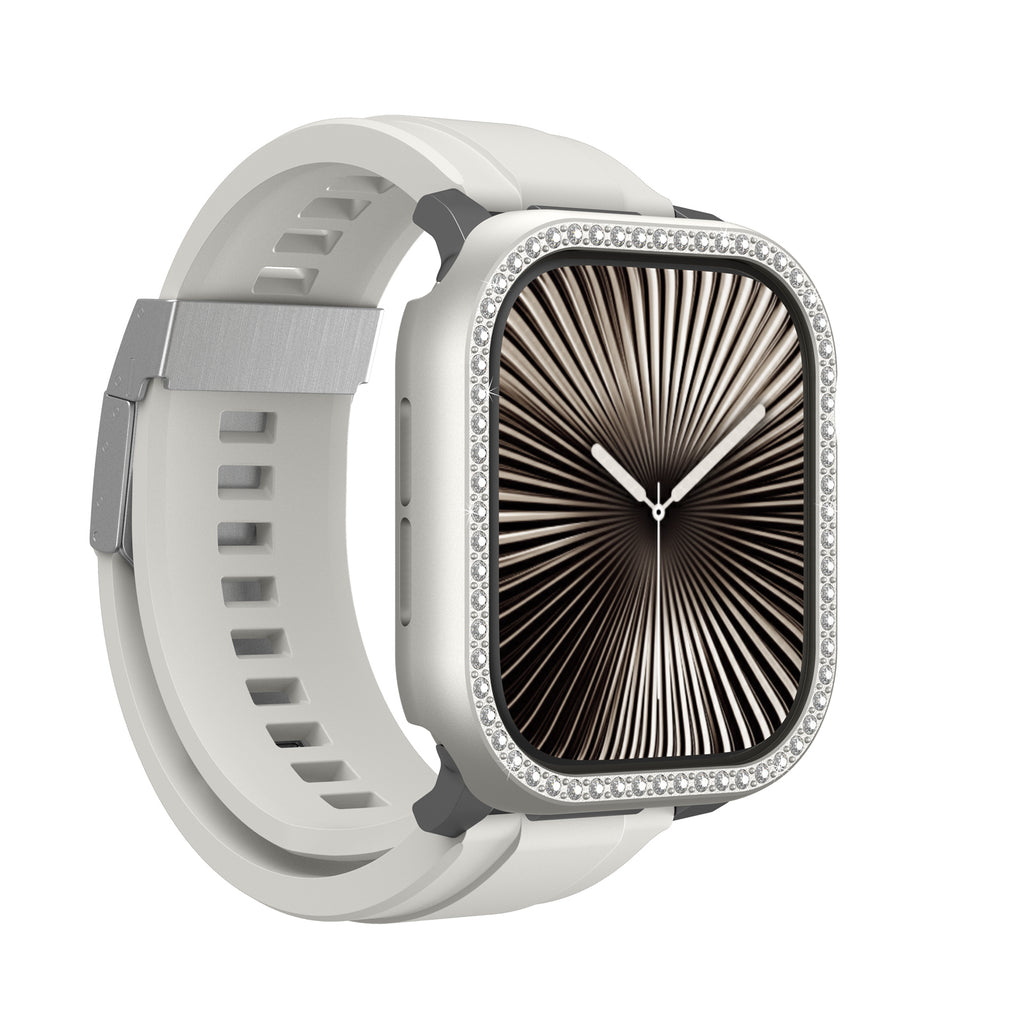 Apple Watch 10 46mm Amazingthing Gleam Fit FullGuard Taşlı Sert PC Kasa ve Ekran Koruyucu Şeffaf