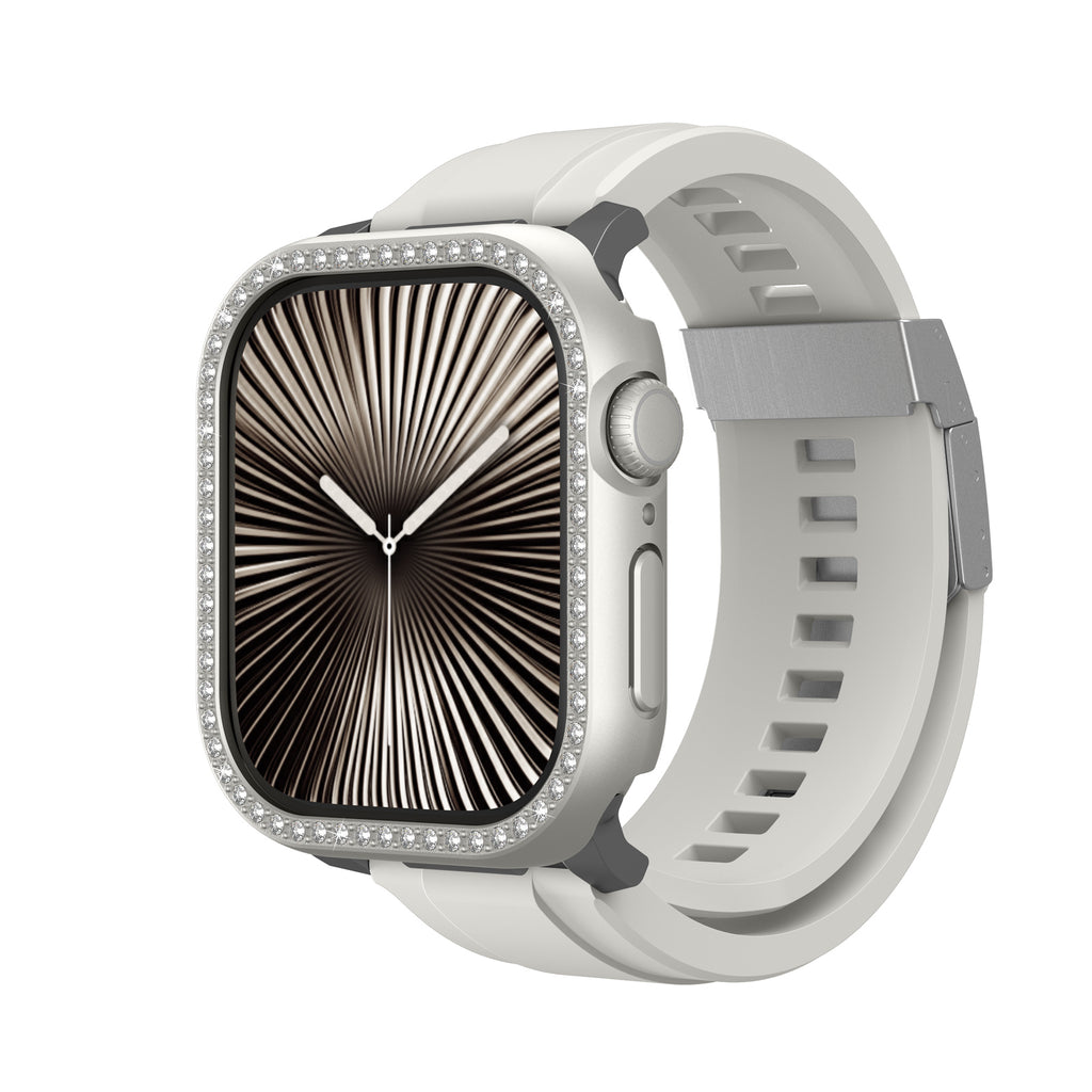 Apple Watch 10 46mm Amazingthing Gleam Fit FullGuard Taşlı Sert PC Kasa ve Ekran Koruyucu Starlight