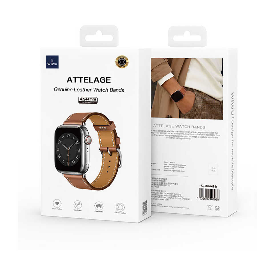 Apple Watch 44mm Wiwu Attleage Watchband Hakiki Deri Kordon Kahverengi