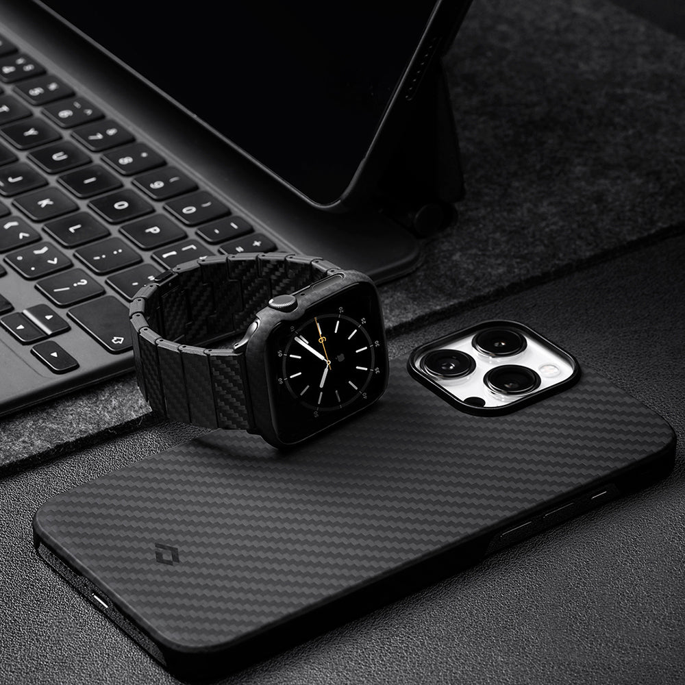 Apple Watch 7 45mm 600D Aramid Fiber Classic Serisi Black-Grey Twill Kasa Koruyucu Pitaka Air Case Siyah-Gri