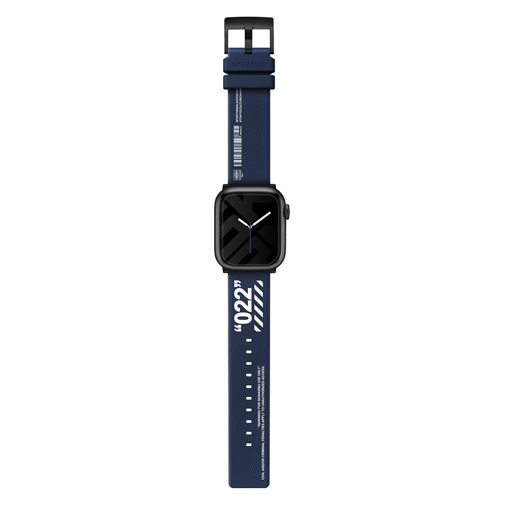 Apple Watch 7 45mm SkinArma Taihi Sora Yazı Desenli Deri Görünümlü Silikon Kordon Mavi