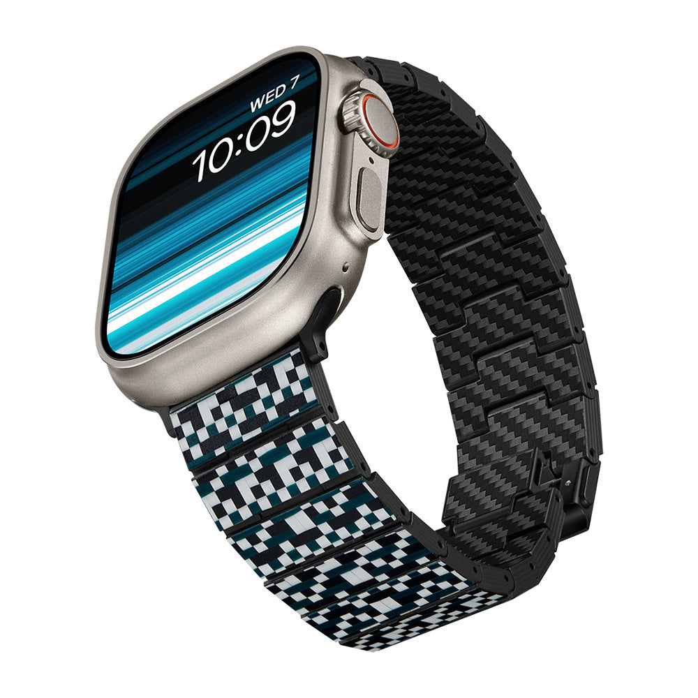 Apple Watch Serisi Uyumlu Aramid Fiber ve Karbon Fiber Pitaka Dreamland ChromaCarbon Serisi Mosaic Universal Kordon Mavi-Beyaz