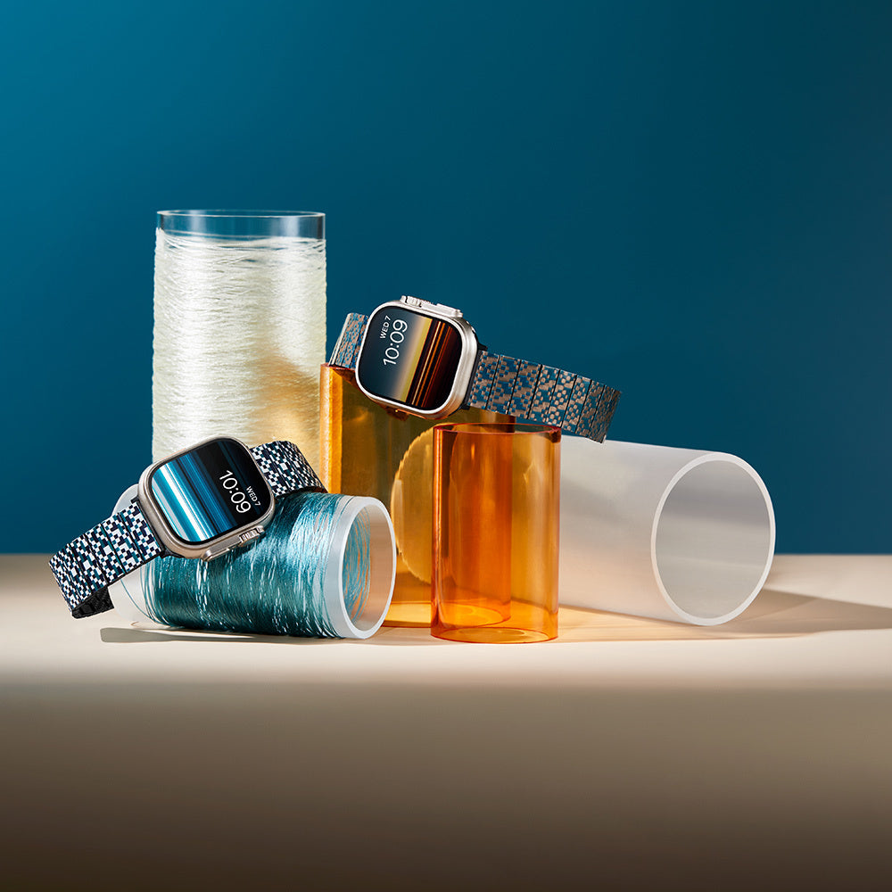 Apple Watch Serisi Uyumlu Aramid Fiber ve Karbon Fiber Pitaka Dreamland ChromaCarbon Serisi Stairs Universal Kordon Mavi-Kahverengi