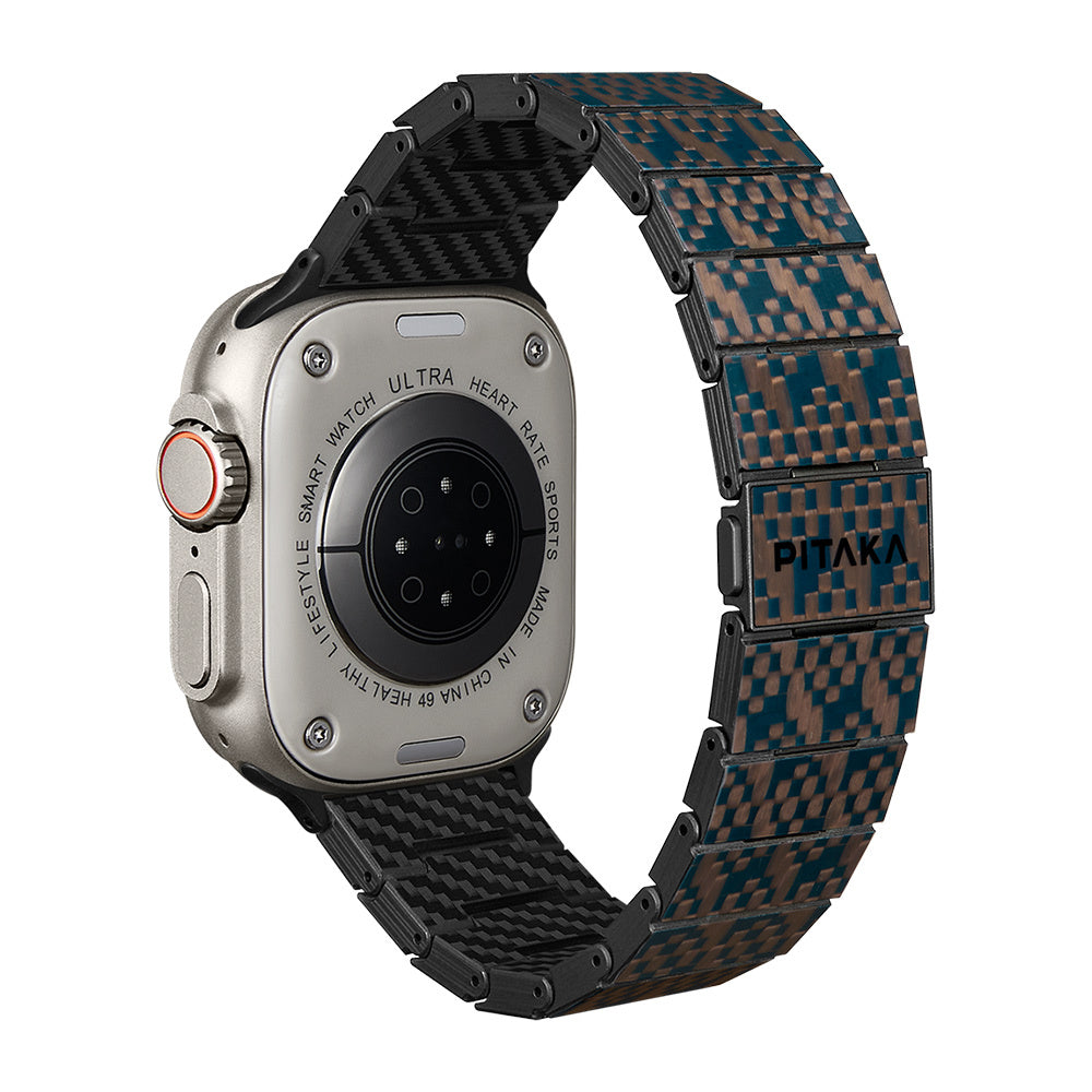 Apple Watch Serisi Uyumlu Aramid Fiber ve Karbon Fiber Pitaka Dreamland ChromaCarbon Serisi Stairs Universal Kordon Mavi-Kahverengi