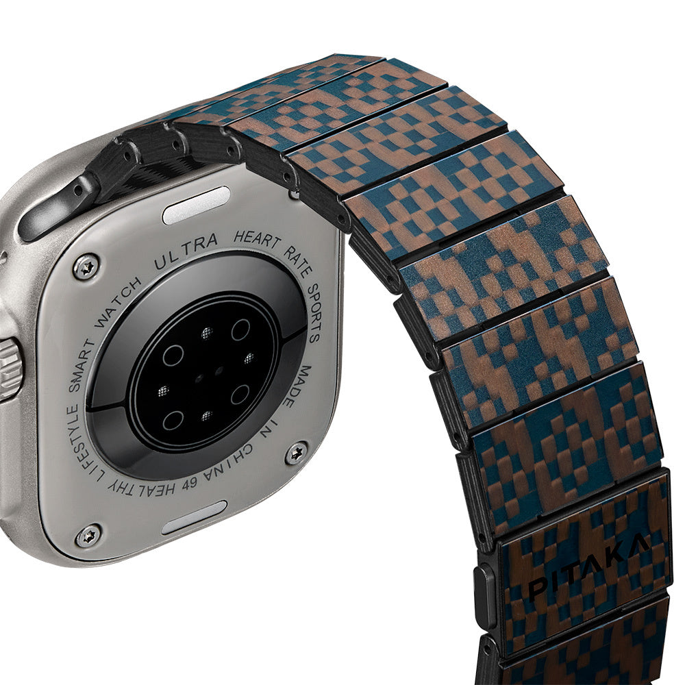 Apple Watch Serisi Uyumlu Aramid Fiber ve Karbon Fiber Pitaka Dreamland ChromaCarbon Serisi Stairs Universal Kordon Mavi-Kahverengi