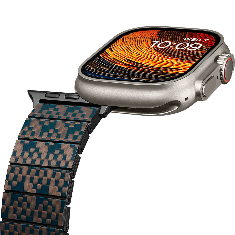 Apple Watch Serisi Uyumlu Aramid Fiber ve Karbon Fiber Pitaka Dreamland ChromaCarbon Serisi Stairs Universal Kordon Mavi-Kahverengi