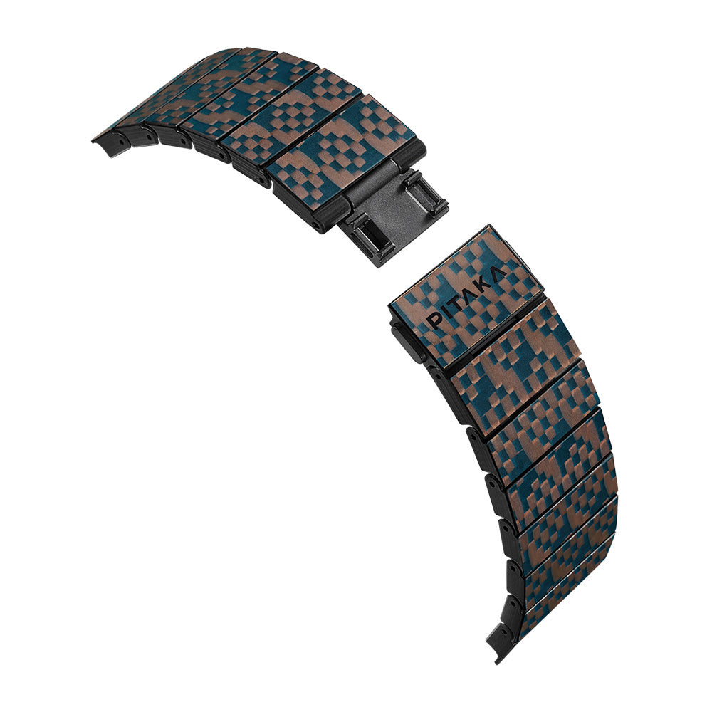 Apple Watch Serisi Uyumlu Aramid Fiber ve Karbon Fiber Pitaka Dreamland ChromaCarbon Serisi Stairs Universal Kordon Mavi-Kahverengi