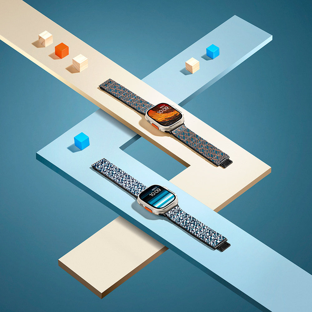 Apple Watch Serisi Uyumlu Aramid Fiber ve Karbon Fiber Pitaka Dreamland ChromaCarbon Serisi Stairs Universal Kordon Mavi-Kahverengi