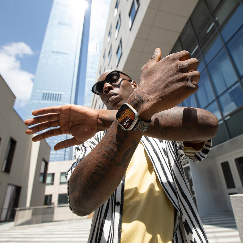 Apple Watch Serisi Uyumlu Aramid Fiber ve Karbon Fiber Pitaka Dreamland ChromaCarbon Serisi Stairs Universal Kordon Mavi-Kahverengi