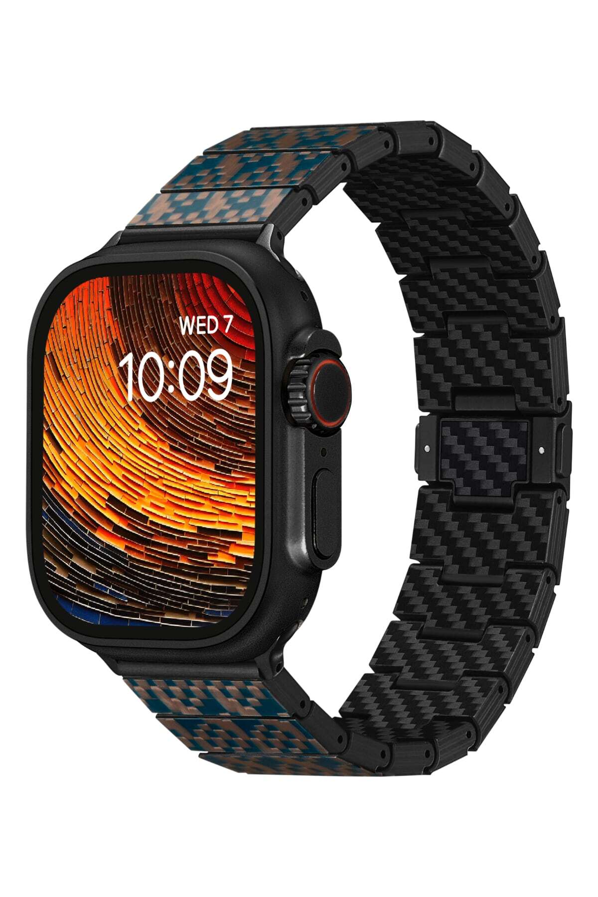Apple Watch Serisi Uyumlu Aramid Fiber ve Karbon Fiber Pitaka Dreamland ChromaCarbon Serisi Stairs Universal Kordon Mavi-Kahverengi