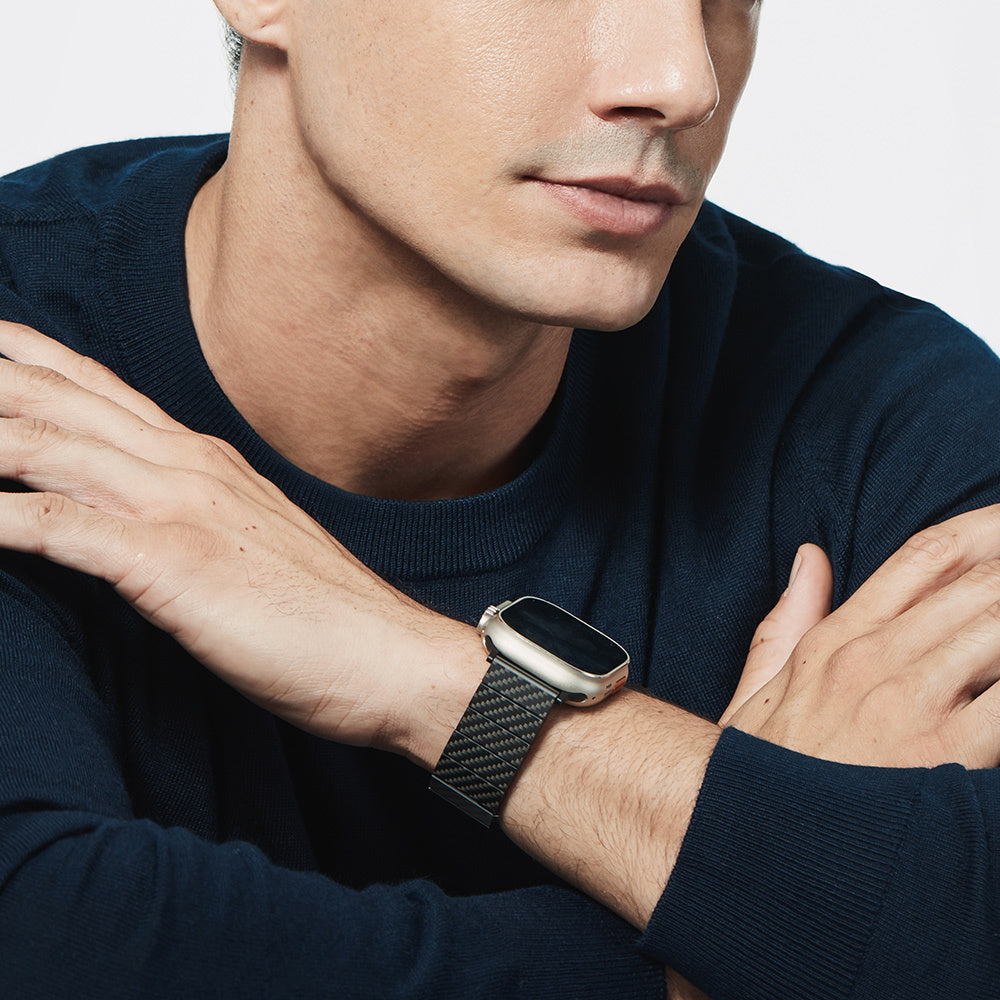 Apple Watch Serisi Uyumlu Karbon Fiber Pitaka Modern Serisi Black-Grey Twill Universal Kordon Siyah-Gri