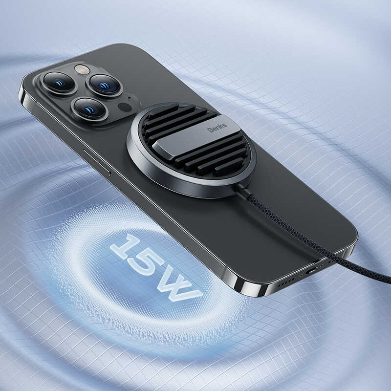 Benks MFM01 MFI Sertifikalı Standlı 15W Hızlı Şarj Özellikli M-safe PD Wireless Şarj Aleti Siyah