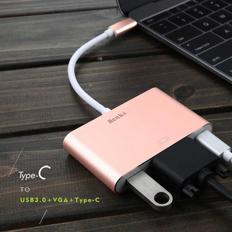 Benks U20 Type-C to 3 in 1 Adaptör (Usb 3.0+VGA+Type-C) Rose Gold