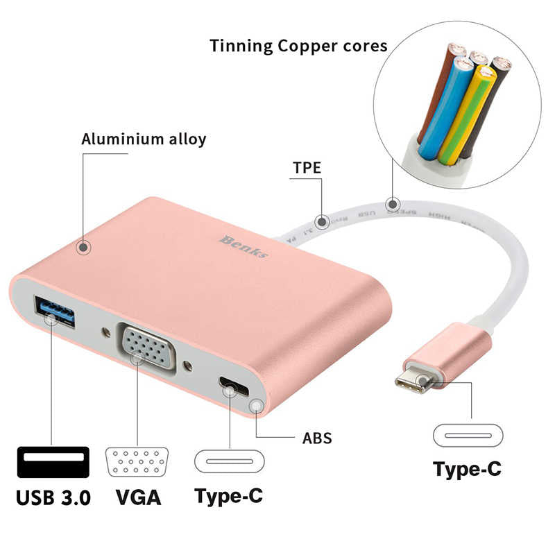 Benks U20 Type-C to 3 in 1 Adaptör (Usb 3.0+VGA+Type-C) Gri