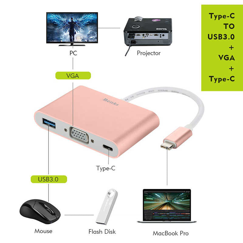 Benks U20 Type-C to 3 in 1 Adaptör (Usb 3.0+VGA+Type-C) Rose Gold