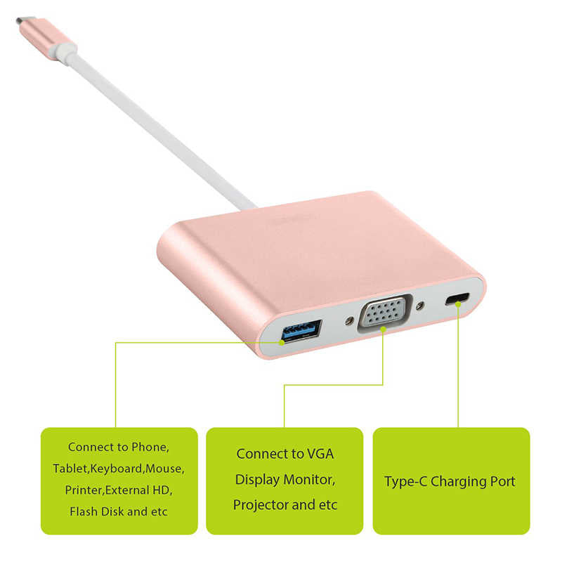 Benks U20 Type-C to 3 in 1 Adaptör (Usb 3.0+VGA+Type-C) Rose Gold
