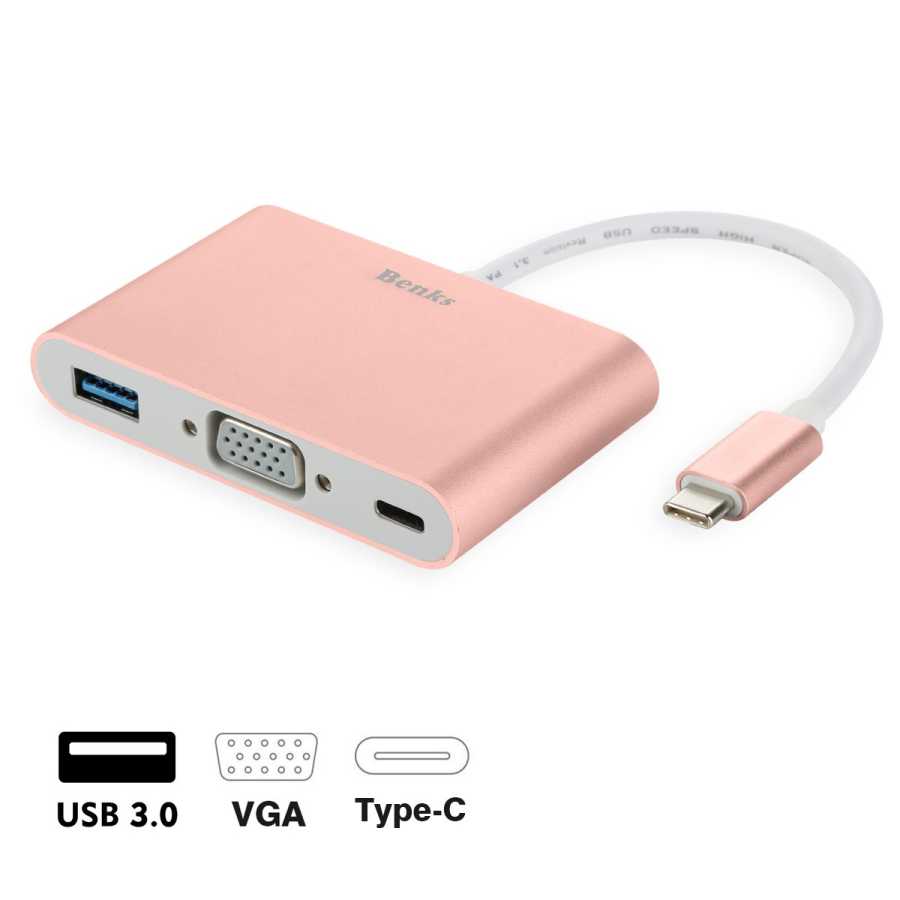 Benks U20 Type-C to 3 in 1 Adaptör (Usb 3.0+VGA+Type-C) Rose Gold
