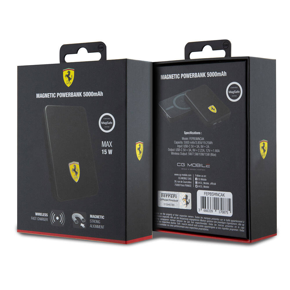 Ferrari Led Işıklı Göstergeli M-safe Magnetik Orjinal Lisanslı Powerbank 5000 Mah Siyah