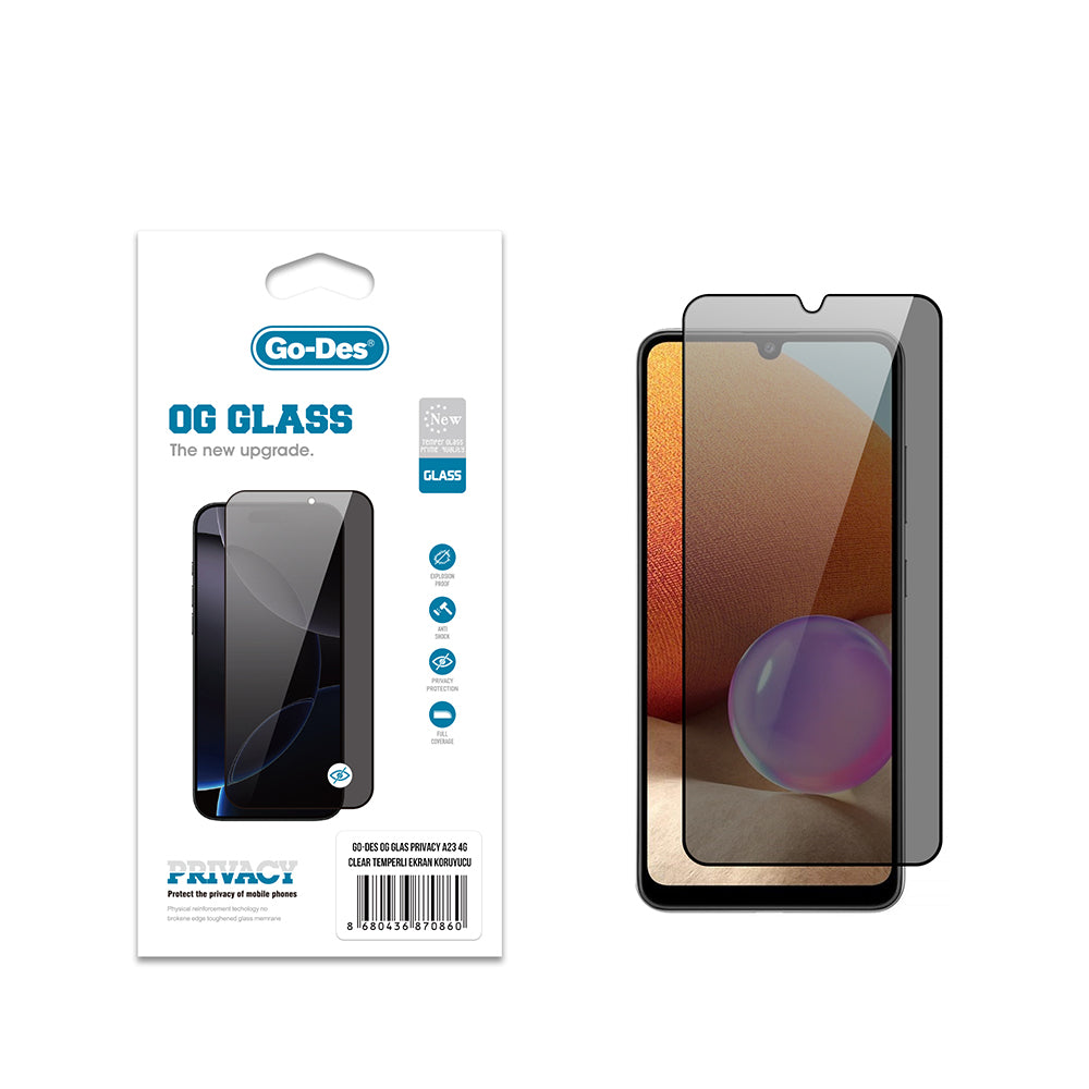 Galaxy A23 Go Des OG Glass Privacy Antistatik Temperli Cam Ekran Koruyucu Siyah
