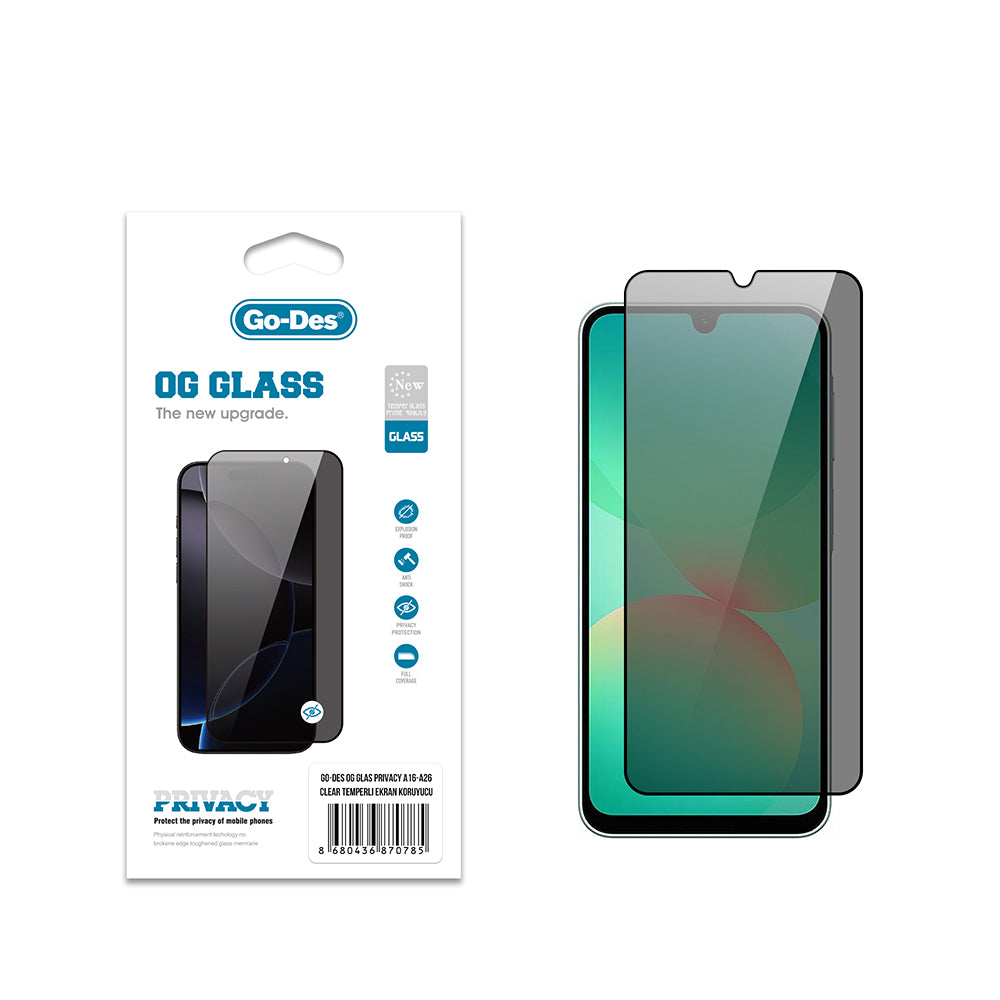 Galaxy A26 Go Des OG Glass Privacy Antistatik Temperli Cam Ekran Koruyucu Siyah