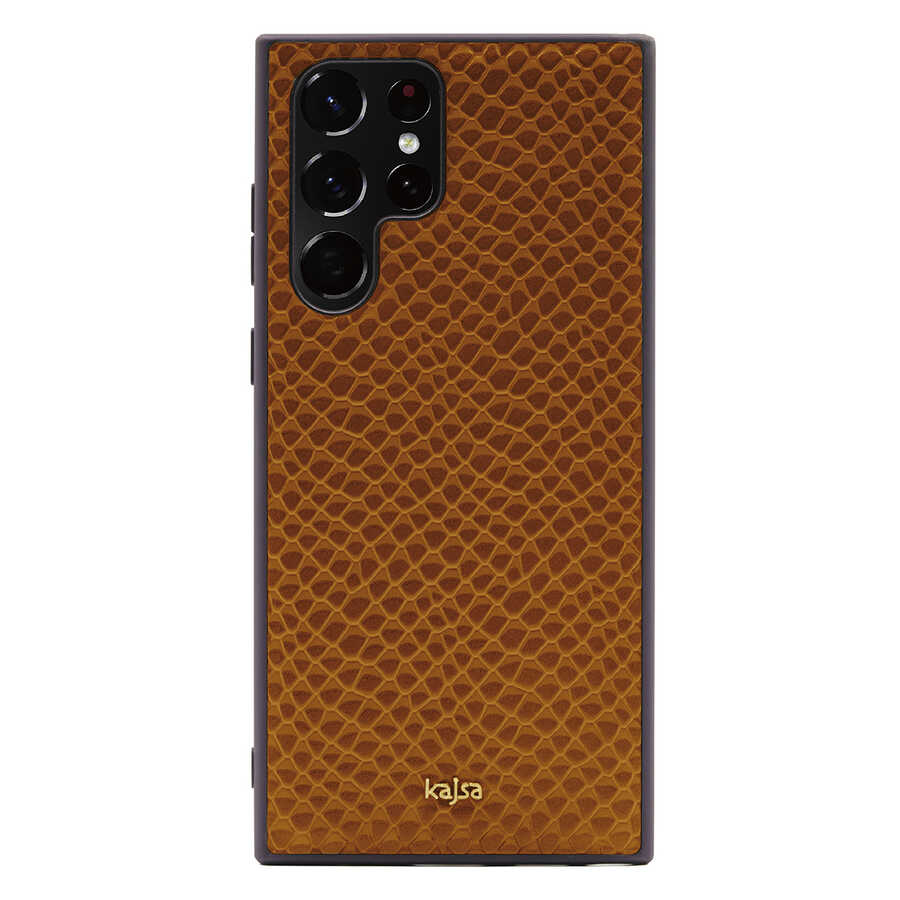 Galaxy S22 Ultra Kılıf Kajsa Pearl Pattern Hakiki Deri Kapak Kahverengi