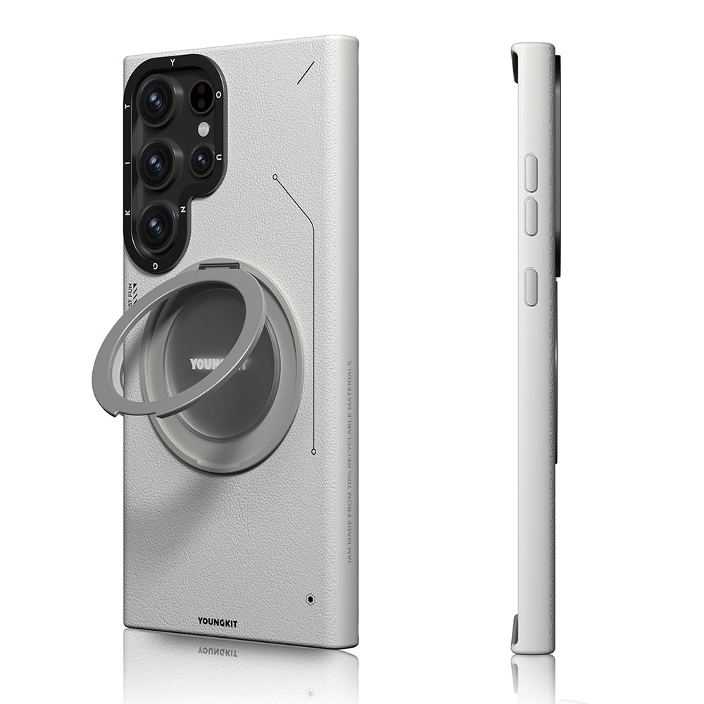 Galaxy S23 Ultra Kılıf M-safe Şarj Özellikli 360° Standlı Basit Mat Deri Desenli Youngkit Tech Leather Serisi Kapak Kahverengi