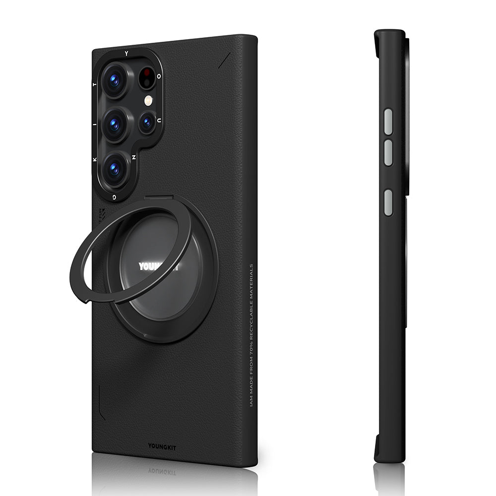 Galaxy S23 Ultra Kılıf M-safe Şarj Özellikli 360° Standlı Basit Mat Deri Desenli Youngkit Tech Leather Serisi Kapak Gri