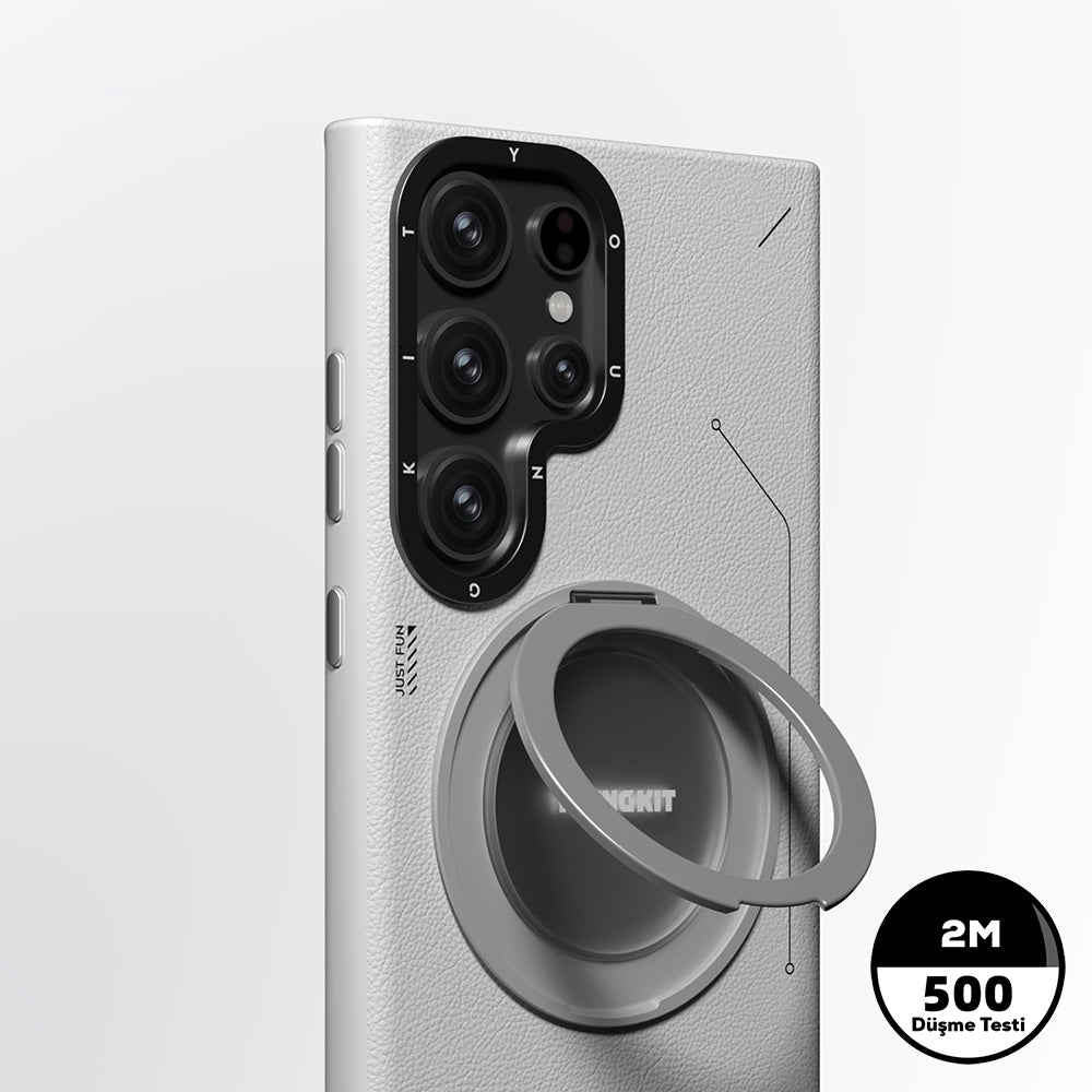 Galaxy S23 Ultra Kılıf M-safe Şarj Özellikli 360° Standlı Basit Mat Deri Desenli Youngkit Tech Leather Serisi Kapak Siyah