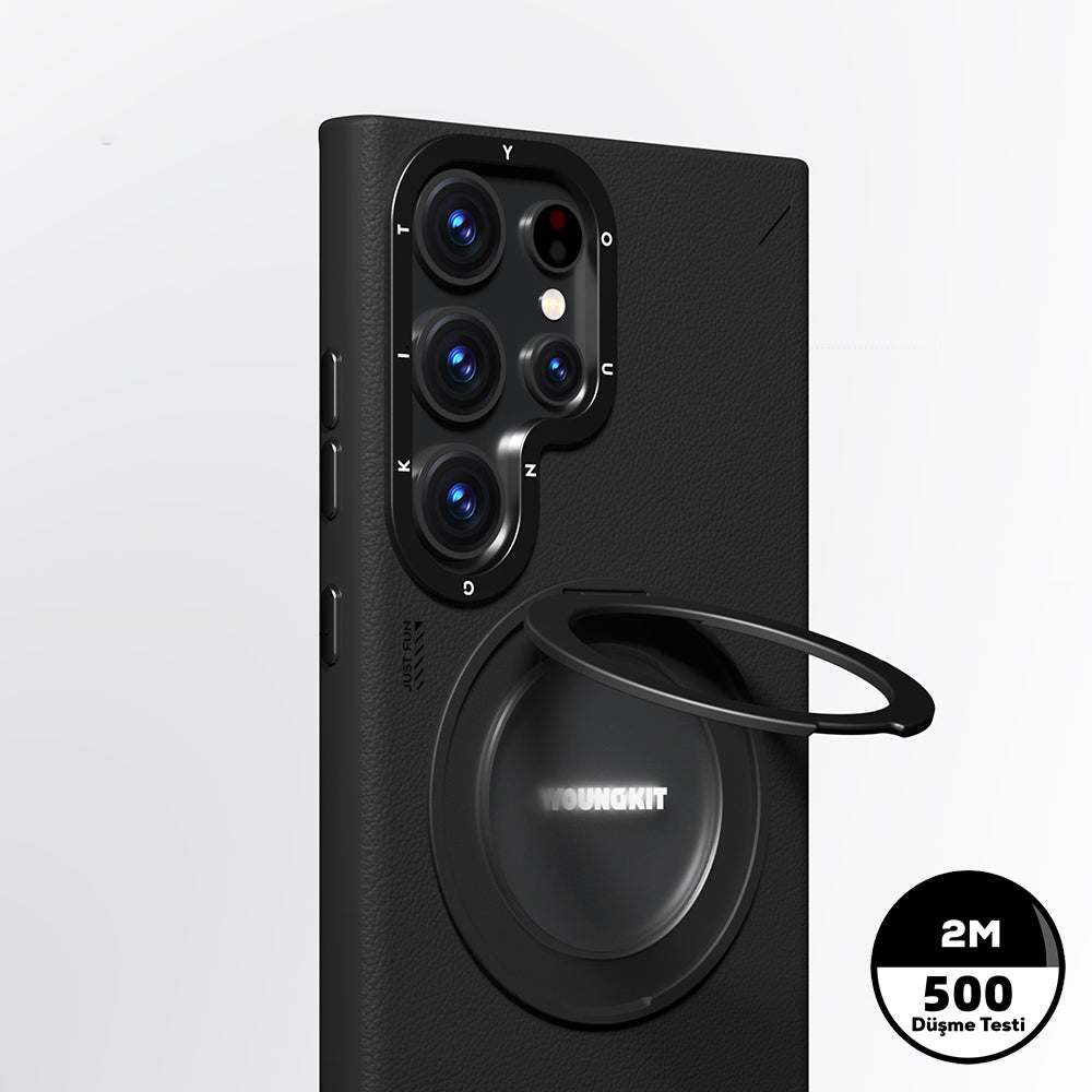 Galaxy S23 Ultra Kılıf M-safe Şarj Özellikli 360° Standlı Basit Mat Deri Desenli Youngkit Tech Leather Serisi Kapak Gri