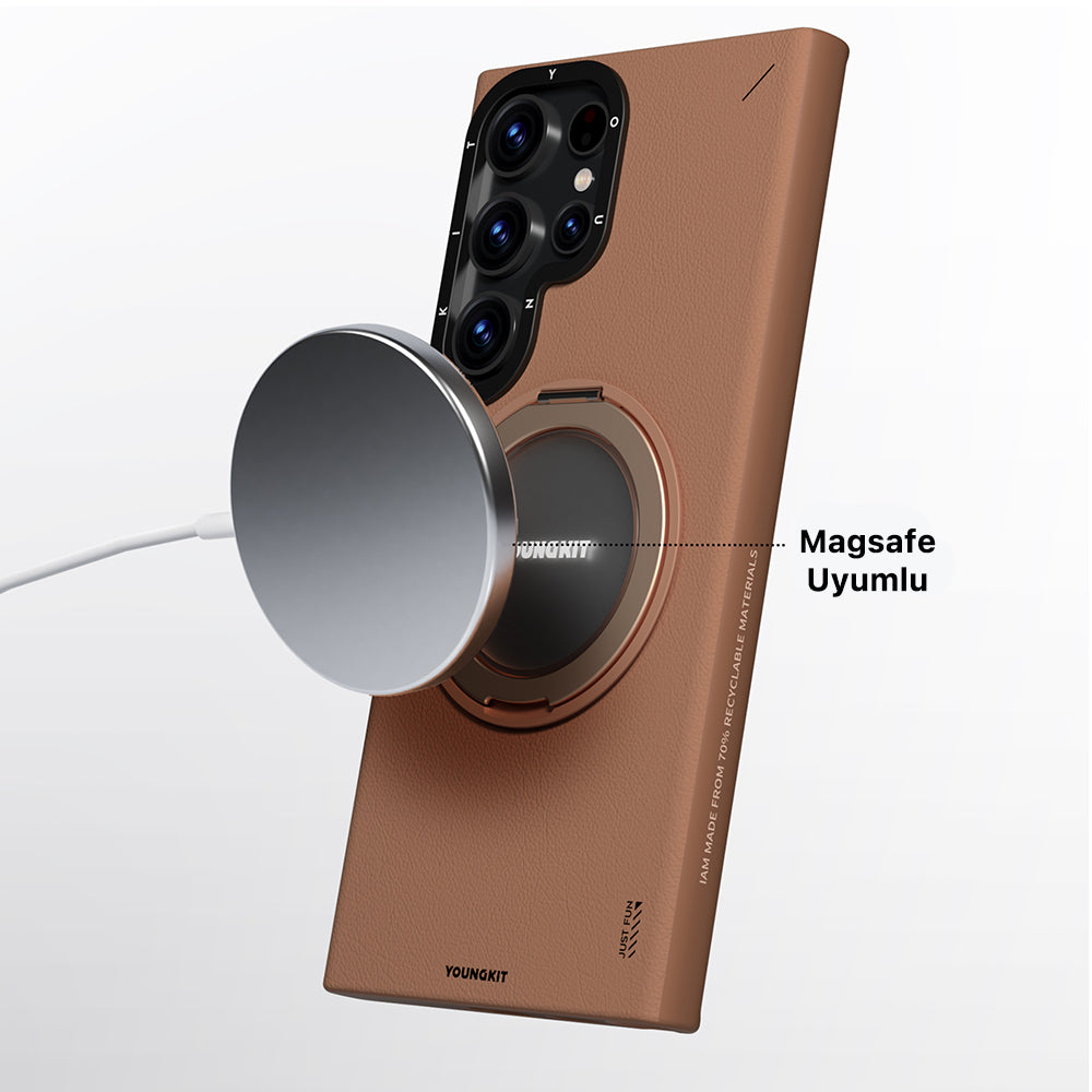 Galaxy S23 Ultra Kılıf M-safe Şarj Özellikli 360° Standlı Basit Mat Deri Desenli Youngkit Tech Leather Serisi Kapak Kahverengi