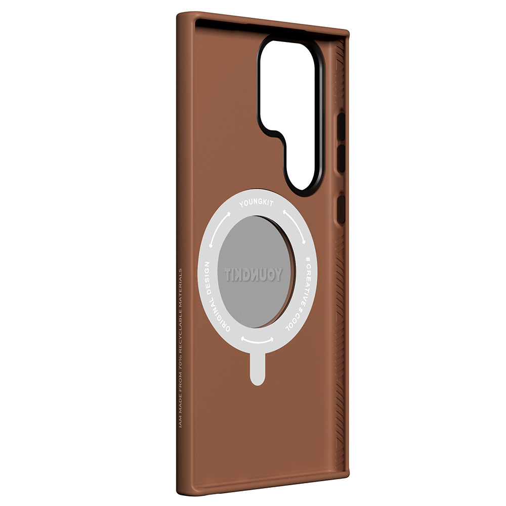 Galaxy S23 Ultra Kılıf M-safe Şarj Özellikli 360° Standlı Basit Mat Deri Desenli Youngkit Tech Leather Serisi Kapak Gri