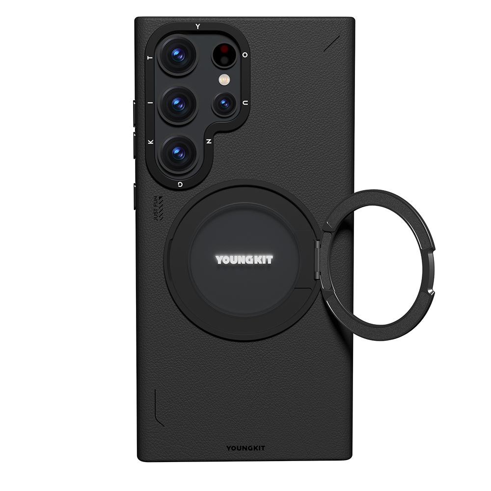 Galaxy S23 Ultra Kılıf M-safe Şarj Özellikli 360° Standlı Basit Mat Deri Desenli Youngkit Tech Leather Serisi Kapak Siyah