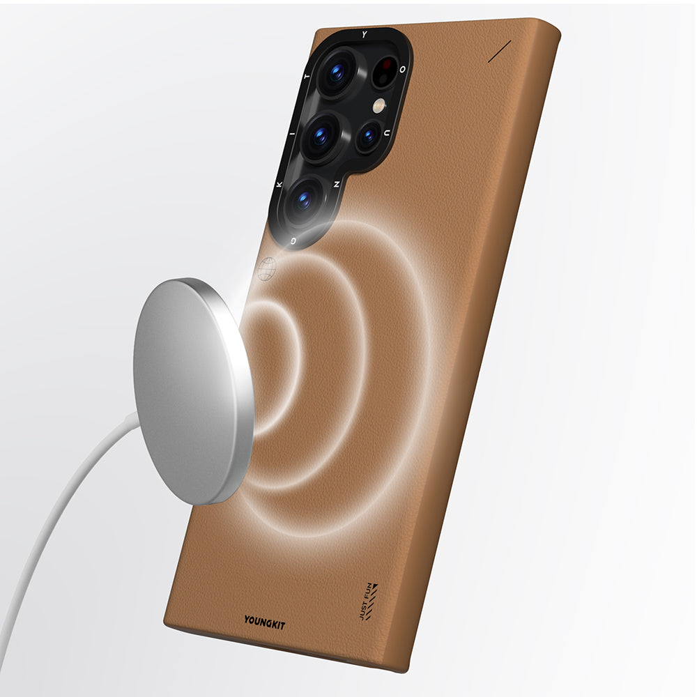 Galaxy S23 Ultra Kılıf M-safe Şarj Özellikli Basit Mat Deri Desenli Youngkit Tech Fashion Serisi Kapak Kahverengi