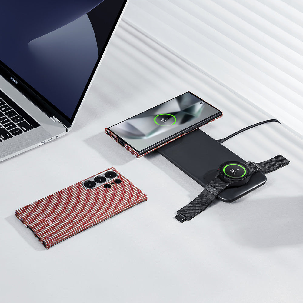 Galaxy S24 Ultra Kılıf M-safe Şarj Özellikli 1500D Aramid Fiber Pitaka Ultra-Slim Classic Serisi Bonfire Kapak Kırmızı