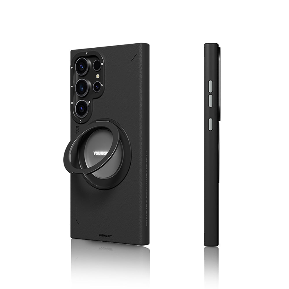 Galaxy S24 Ultra Kılıf M-safe Şarj Özellikli 360° Standlı Basit Mat Deri Desenli Youngkit Tech Leather Serisi Kapak Kahverengi