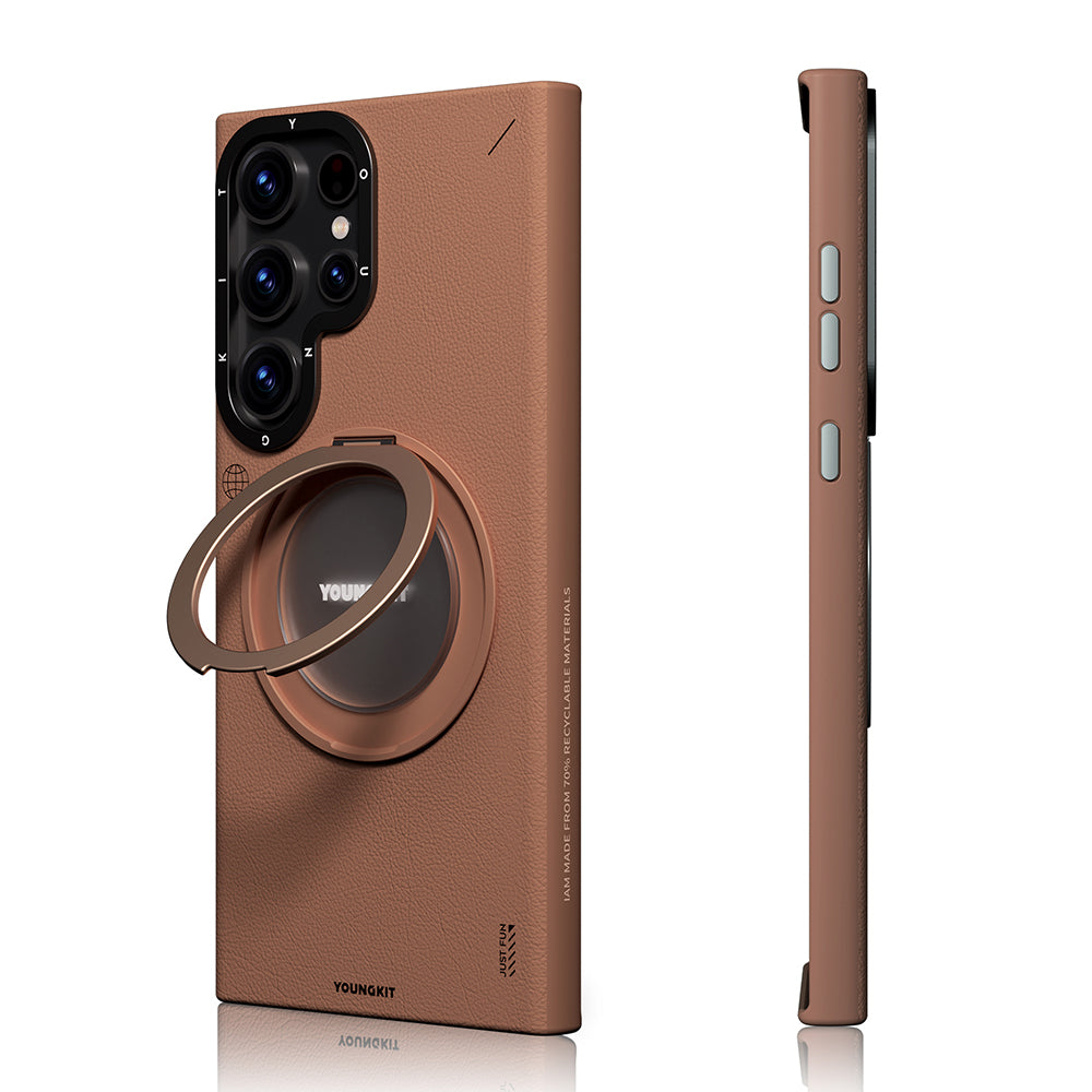Galaxy S24 Ultra Kılıf M-safe Şarj Özellikli 360° Standlı Basit Mat Deri Desenli Youngkit Tech Leather Serisi Kapak Kahverengi