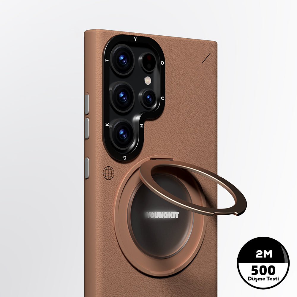 Galaxy S24 Ultra Kılıf M-safe Şarj Özellikli 360° Standlı Basit Mat Deri Desenli Youngkit Tech Leather Serisi Kapak Kahverengi