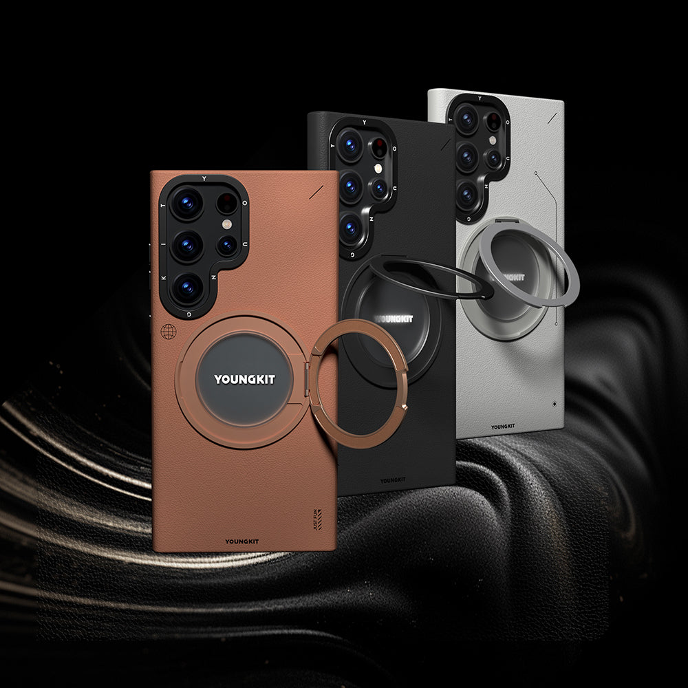 Galaxy S24 Ultra Kılıf M-safe Şarj Özellikli 360° Standlı Basit Mat Deri Desenli Youngkit Tech Leather Serisi Kapak Siyah