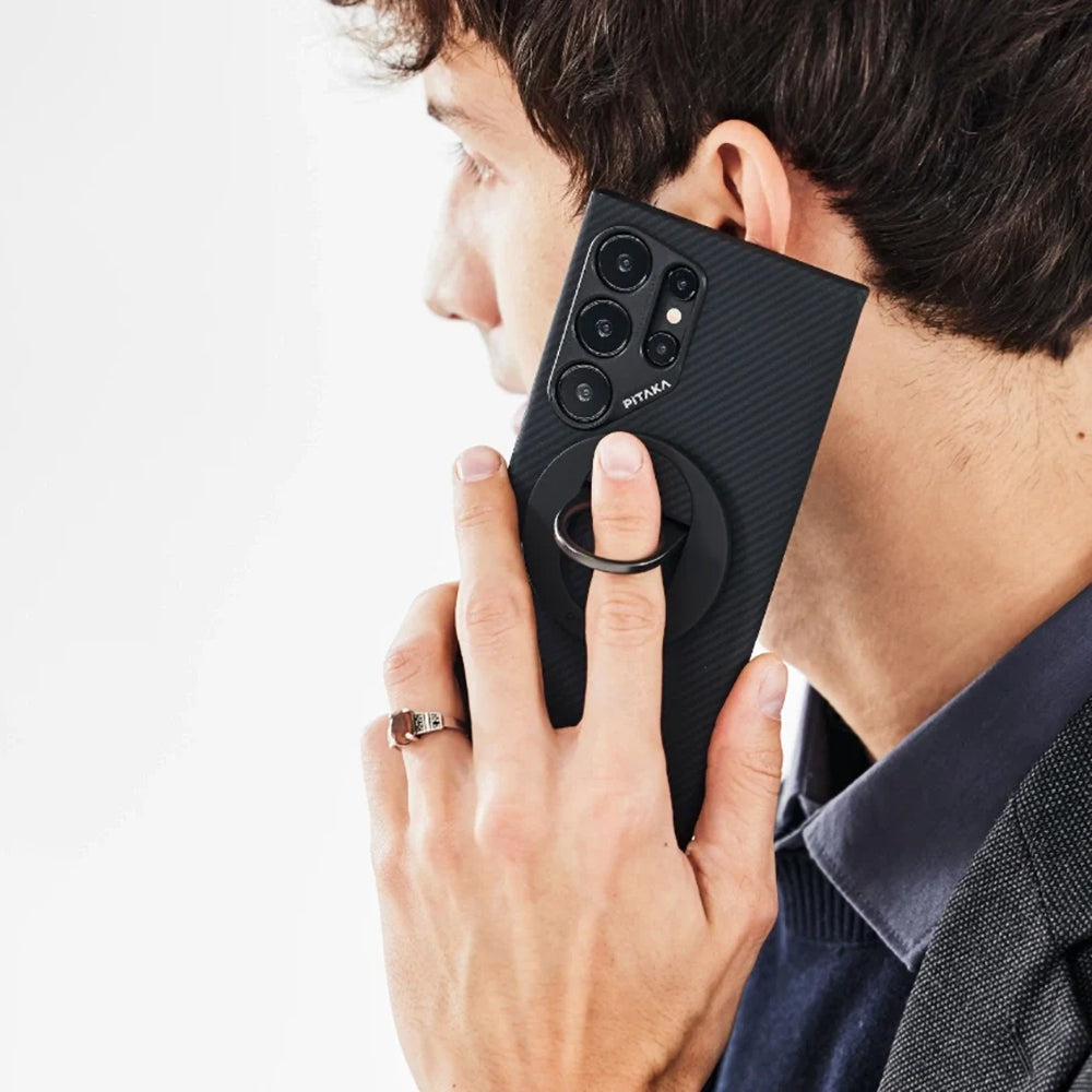 Galaxy S24 Ultra Kılıf M-safe Şarj Özellikli 600D Aramid Fiber Pitaka Ultra-Slim Classic Serisi Black-Grey Twill Kapak Siyah