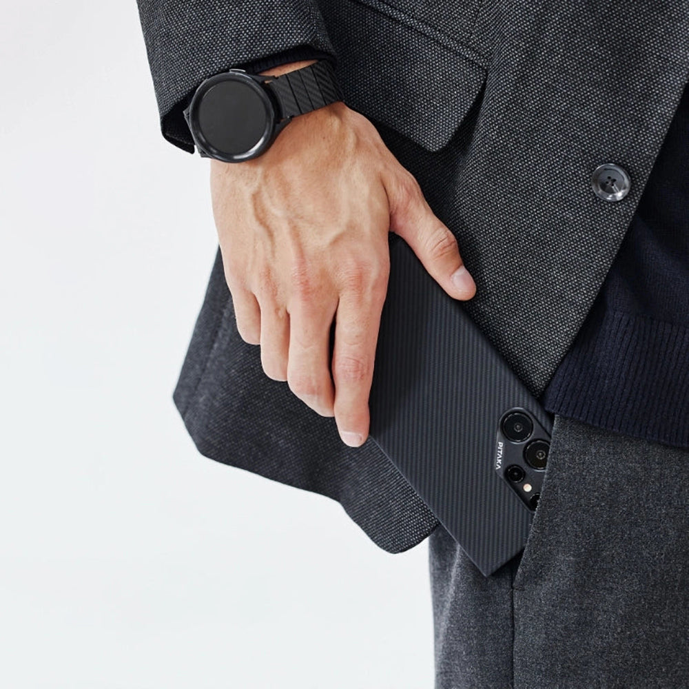 Galaxy S24 Ultra Kılıf M-safe Şarj Özellikli 600D Aramid Fiber Pitaka Ultra-Slim Classic Serisi Black-Grey Twill Kapak Siyah