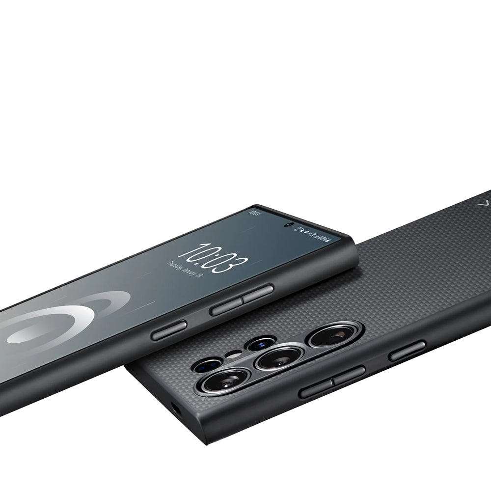 Galaxy S24 Ultra Kılıf M-safe Şarj Özellikli Aramid Fiber 3 Fonksiyon Butonlu Pitaka PinButton Serisi Kapak Siyah-Gri