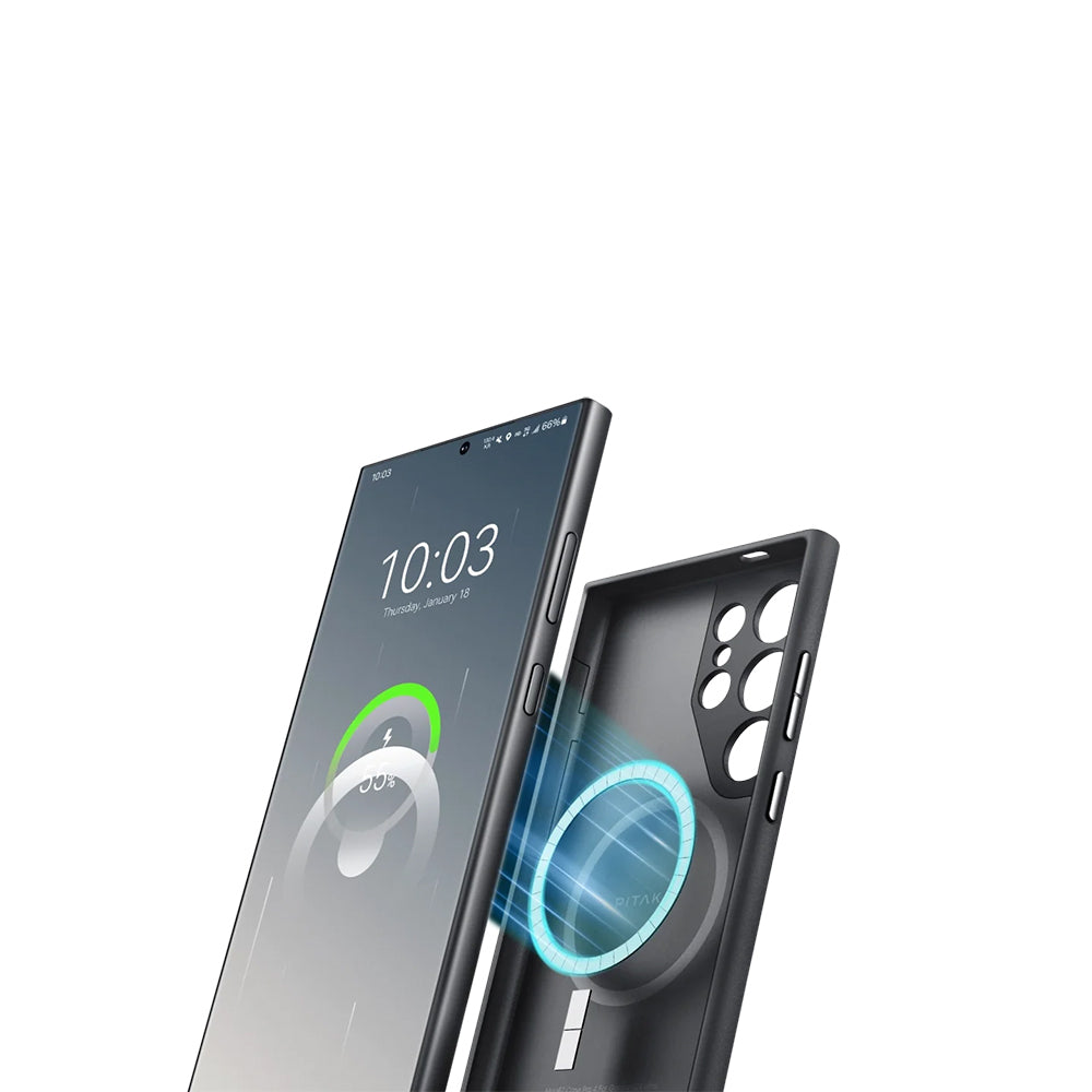 Galaxy S24 Ultra Kılıf M-safe Şarj Özellikli Aramid Fiber 3 Fonksiyon Butonlu Pitaka PinButton Serisi Kapak Siyah-Gri