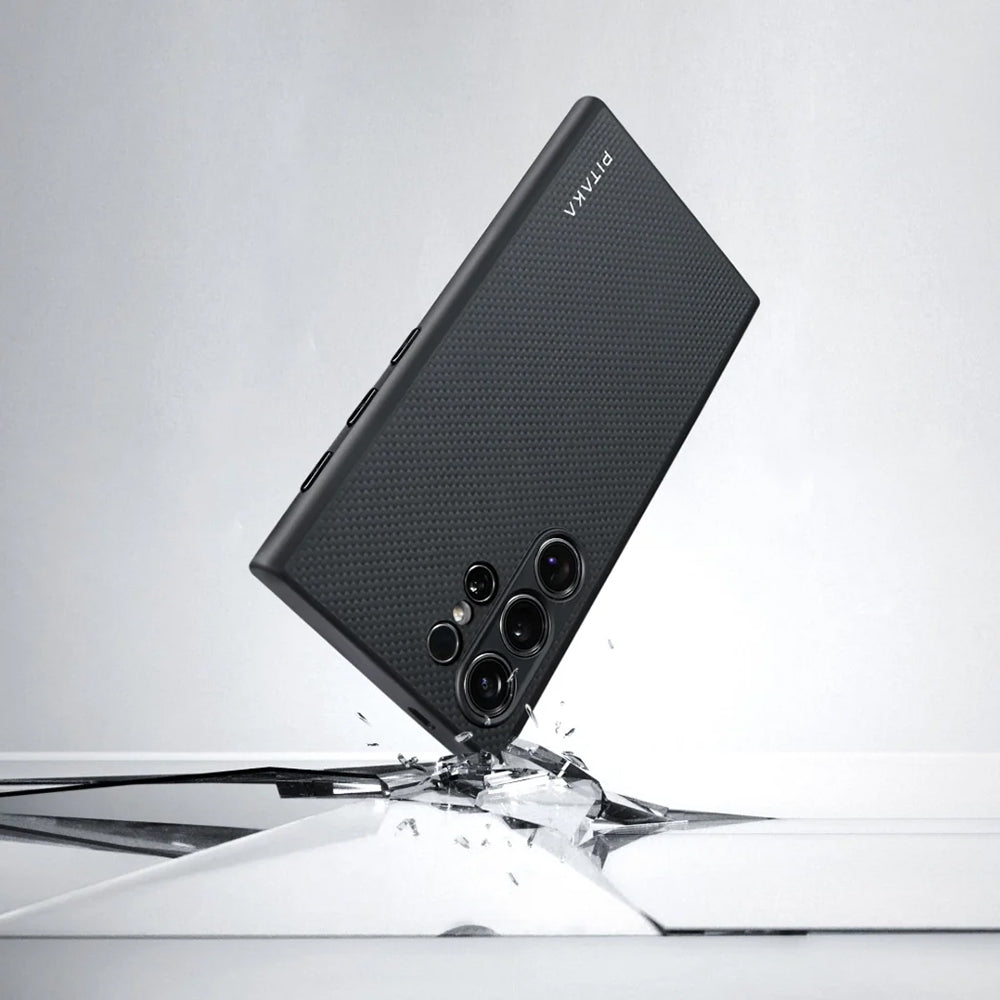 Galaxy S24 Ultra Kılıf M-safe Şarj Özellikli Aramid Fiber 3 Fonksiyon Butonlu Pitaka PinButton Serisi Kapak Siyah-Gri