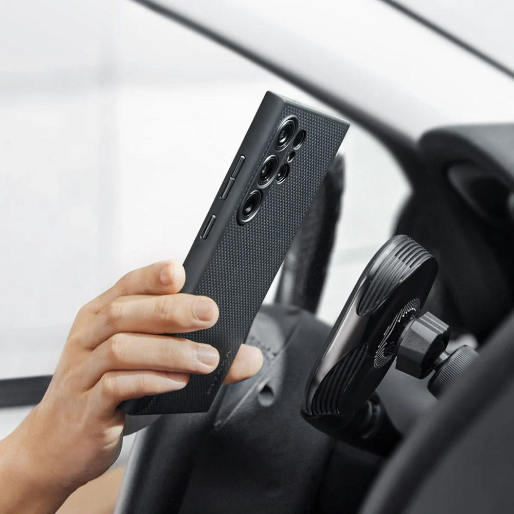 Galaxy S24 Ultra Kılıf M-safe Şarj Özellikli Aramid Fiber 3 Fonksiyon Butonlu Pitaka PinButton Serisi Kapak Siyah-Gri