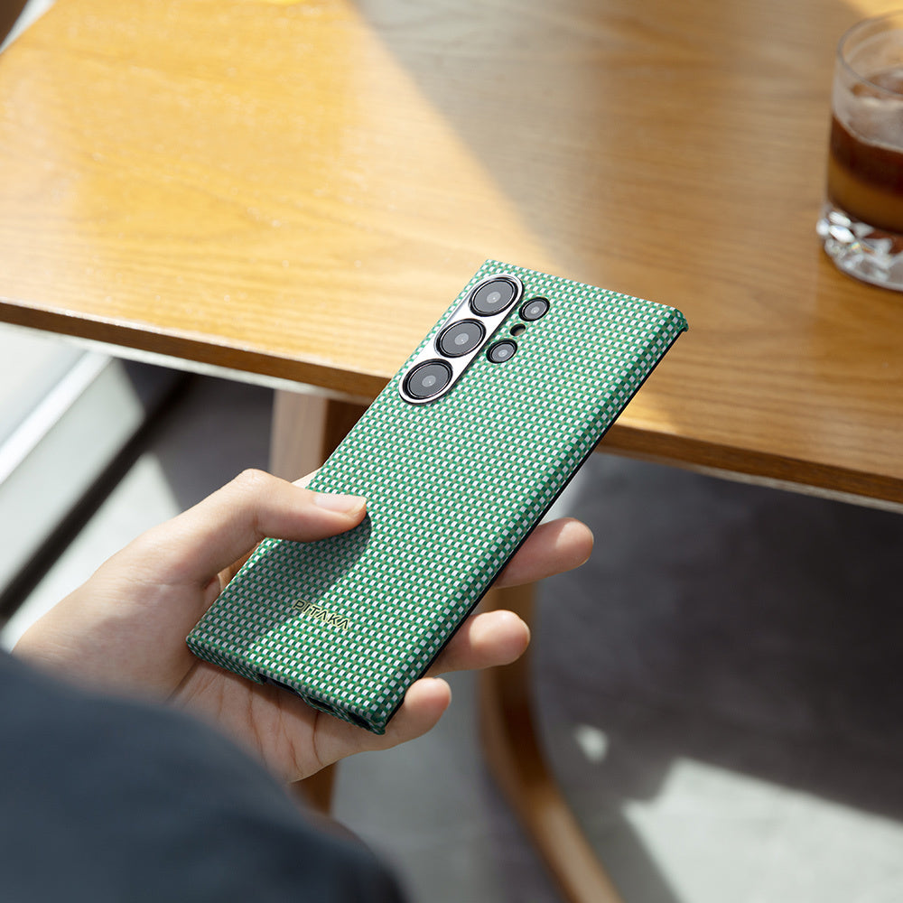 Galaxy S24 Ultra Kılıf M-safe Şarj Özellikli 1500D Aramid Fiber Pitaka Ultra-Slim Classic Serisi Aomori Kapak Yeşil