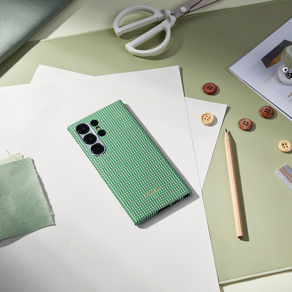 Galaxy S24 Ultra Kılıf M-safe Şarj Özellikli 1500D Aramid Fiber Pitaka Ultra-Slim Classic Serisi Aomori Kapak Yeşil