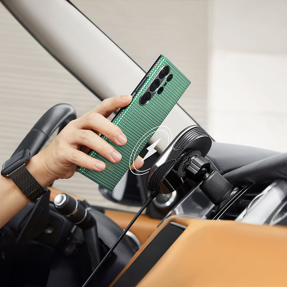 Galaxy S24 Ultra Kılıf M-safe Şarj Özellikli 1500D Aramid Fiber Pitaka Ultra-Slim Classic Serisi Aomori Kapak Yeşil