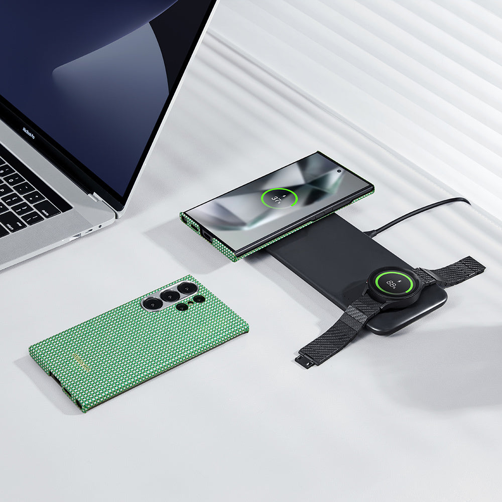 Galaxy S24 Ultra Kılıf M-safe Şarj Özellikli 1500D Aramid Fiber Pitaka Ultra-Slim Classic Serisi Aomori Kapak Yeşil