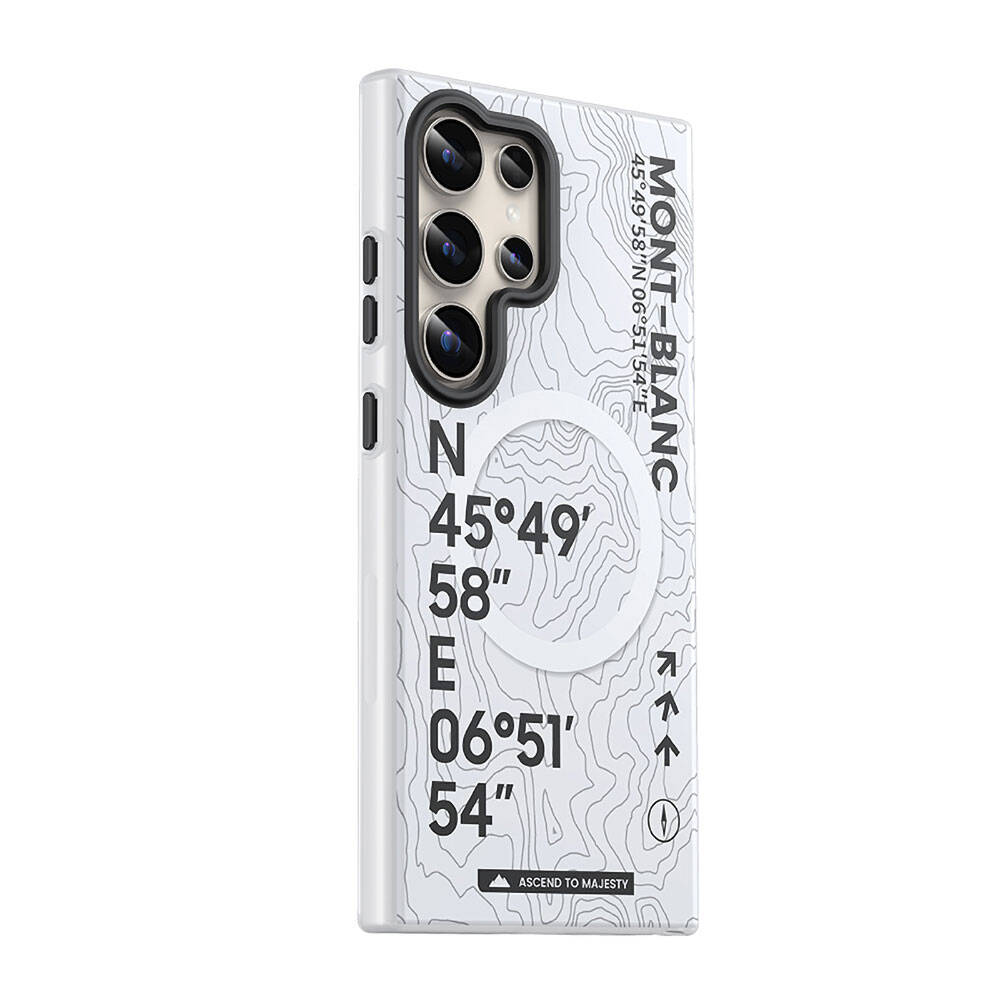 Galaxy S24 Ultra Kılıf M-safe Şarj Özellikli Koordinat Yazı Desenli Benks Summit Serisi Kapak Beyaz