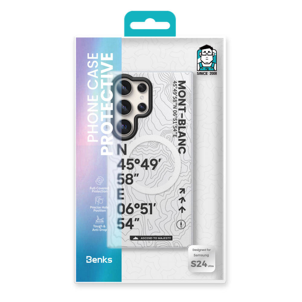 Galaxy S24 Ultra Kılıf M-safe Şarj Özellikli Koordinat Yazı Desenli Benks Summit Serisi Kapak Beyaz